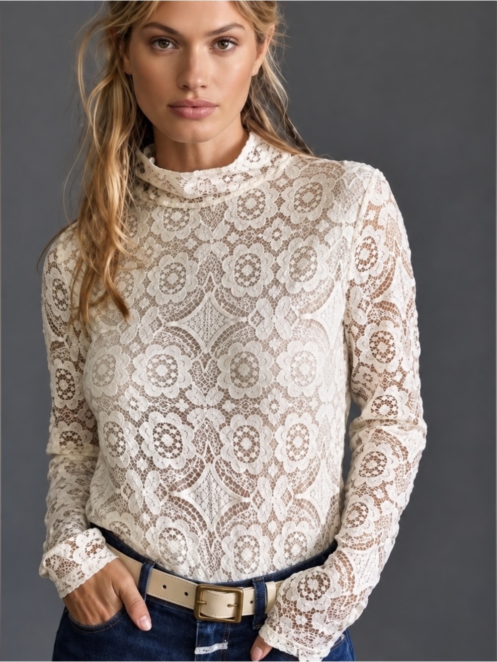 New Anthropologie Maeve Lace Mock Neck Top Size Lg